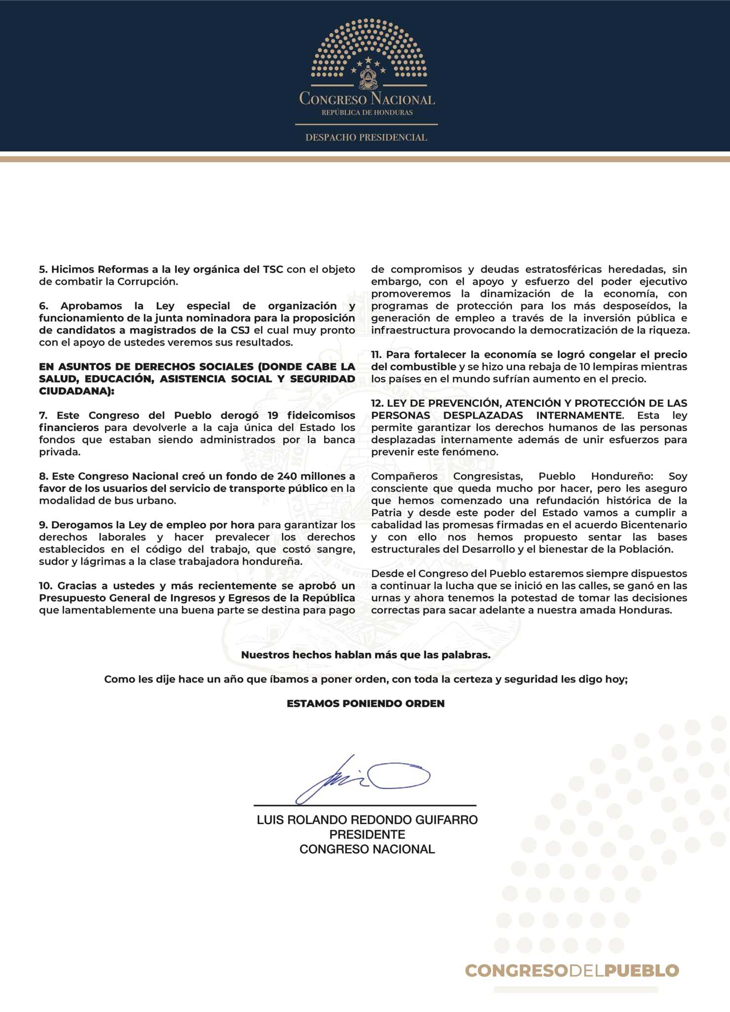 Discurso del Presidente Luis Rolando Redondo Guifarro en la instalación de la Segunda Legislatura del Congreso Nacional.